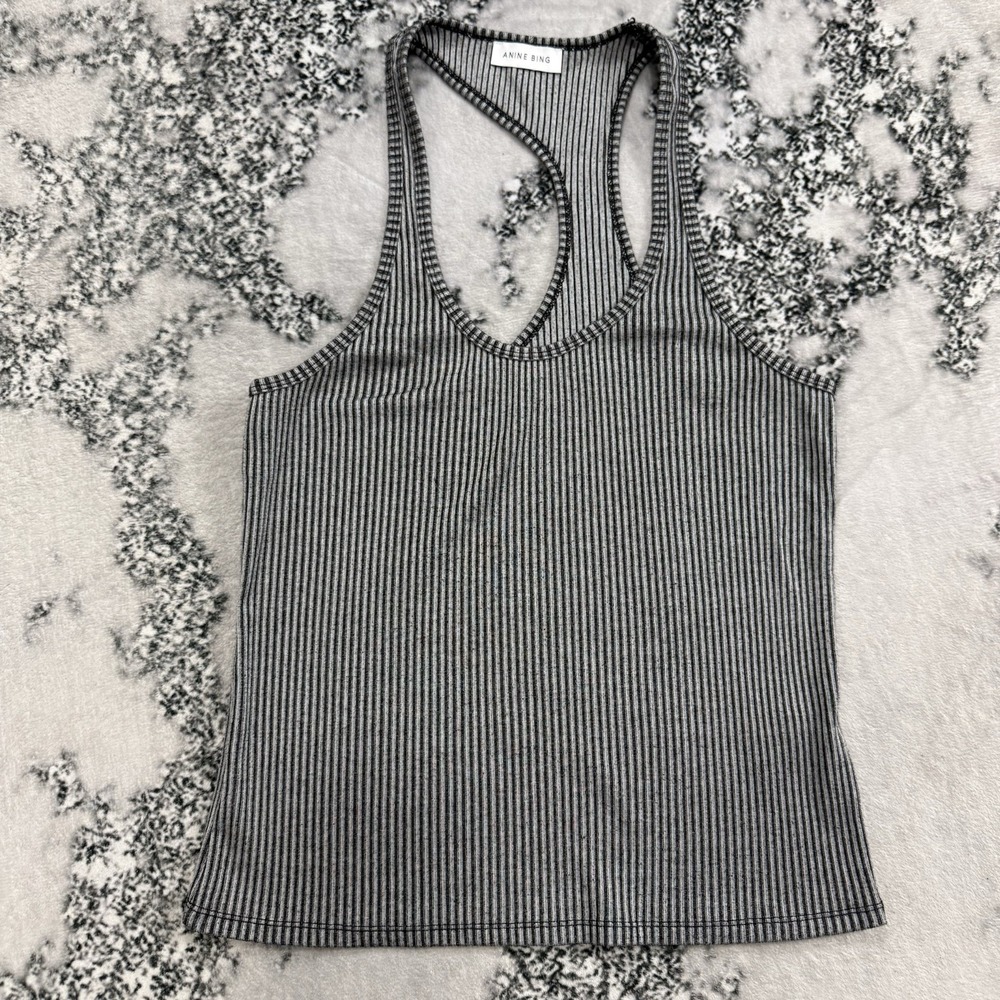 Anine Bing Ribbed Racerback Tank Top Gray Black Stripe Womens Size Large